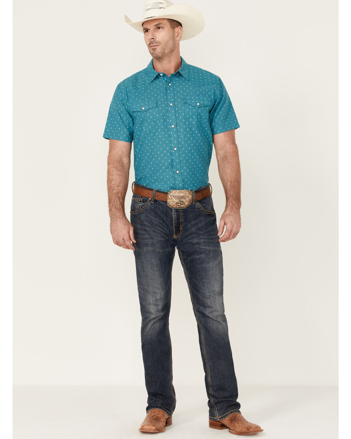 Image #1 - Cody James Men's Field Day Chambray Geo Print Short Sleeve Snap Western Shirt, Blue, hi-res