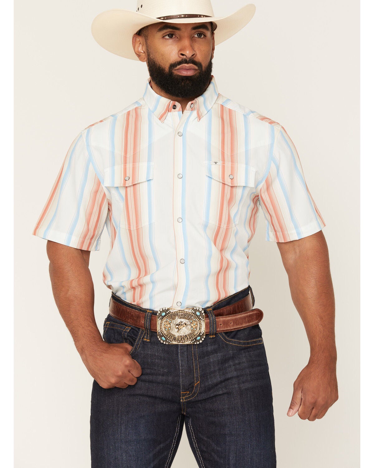 Image #1 - Ferrell Men's Tek Harrison Striped Print Short Sleeve Snap Performance Western Shirt, White, hi-res