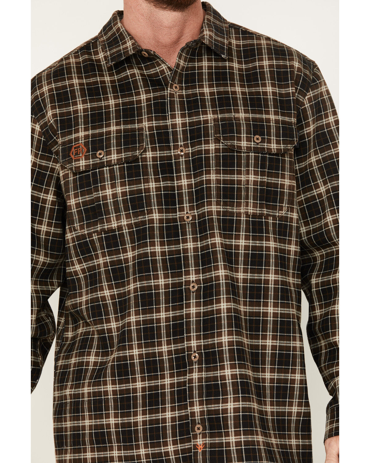 Image #3 - Hawx Men's FR Midweight Plaid Print Long Sleeve Button-Down Work Shirt, Brown, hi-res