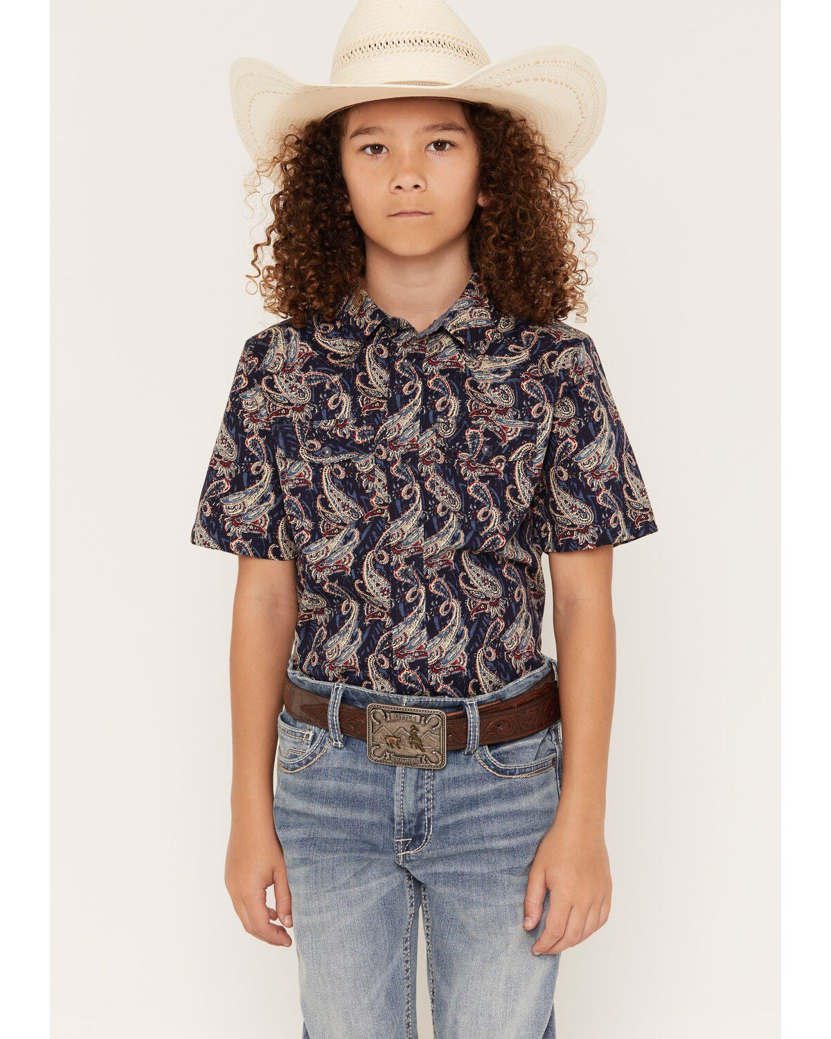 Cody James Boys' Easy Livin Paisley Print Short Sleeve Snap Western Shirt, Navy, hi-res