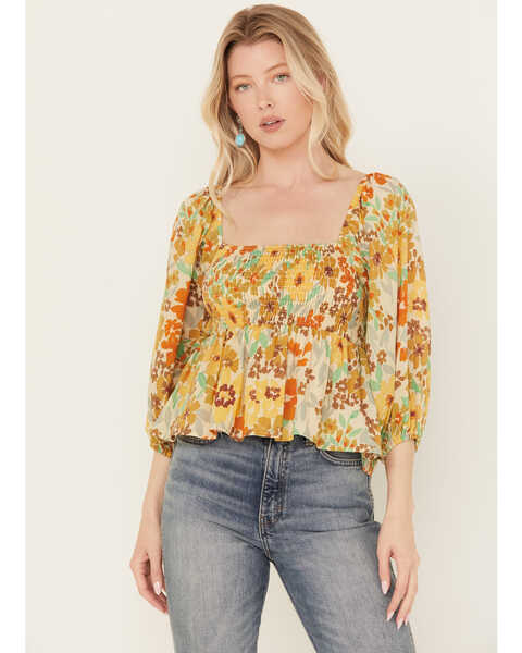 Image #1 - By Together Women's Sunflower Print Smocked Long Sleeve Peasant Top, Yellow, hi-res
