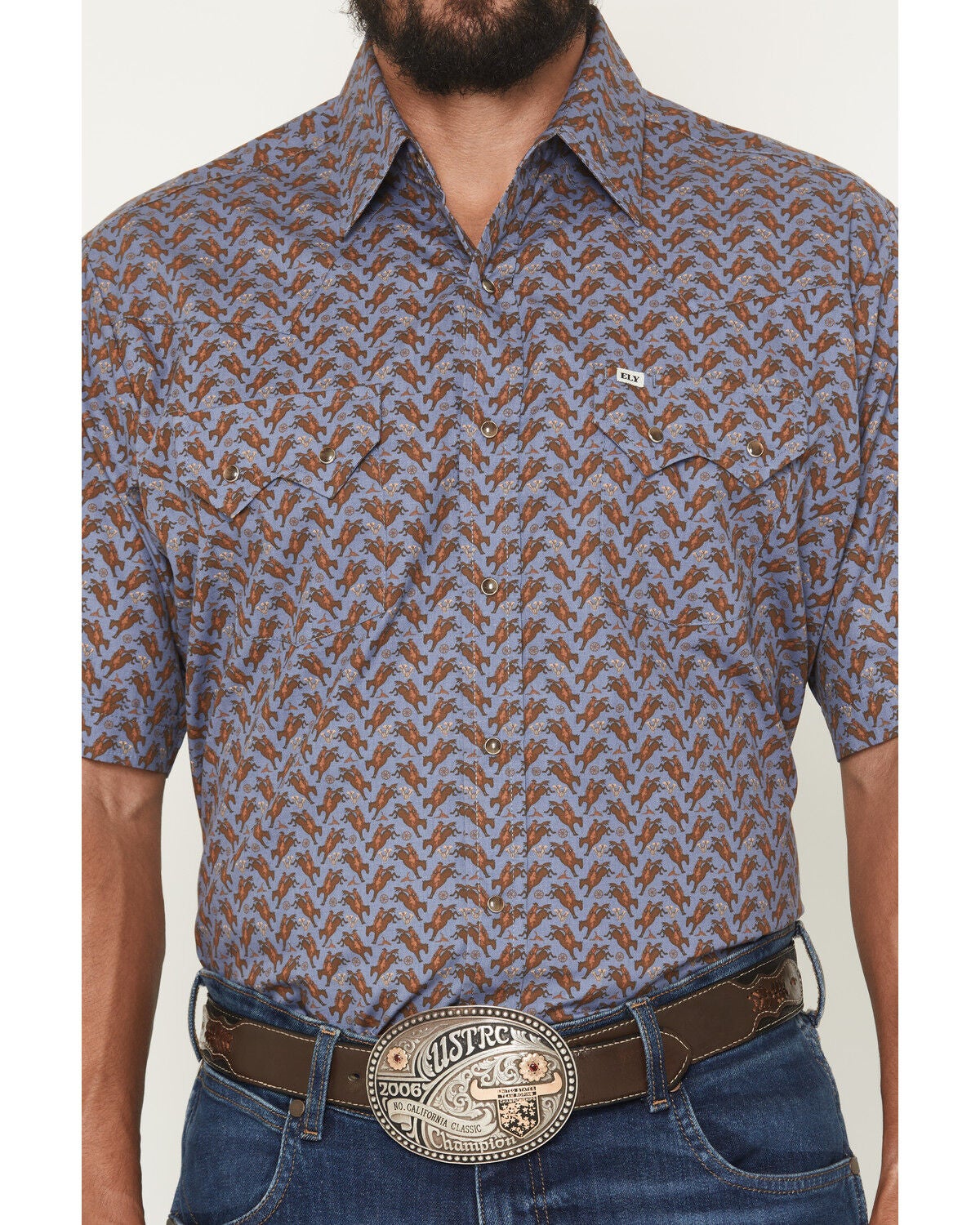 Image #3 - Ely Walker Men's Boot Barn Exclusive Cowboy Print Short Sleeve Snap Western Shirt, Blue, hi-res