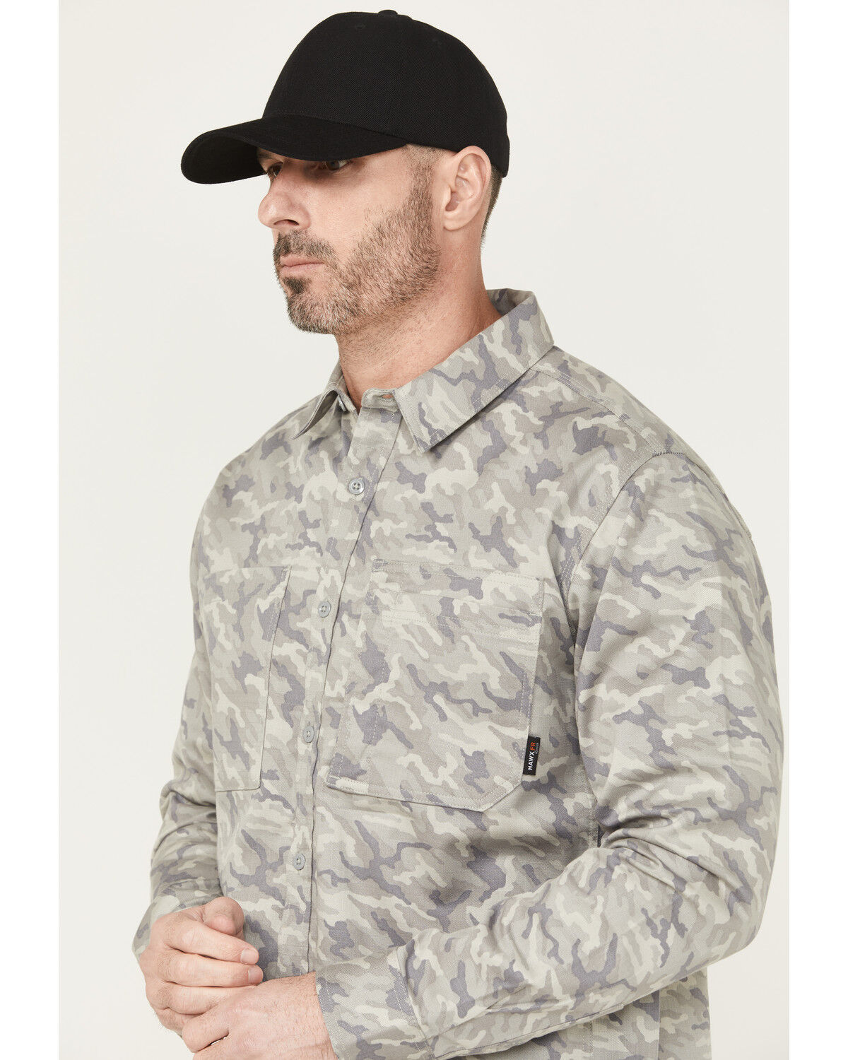 Image #2 - Hawx Men's FR Camo Print Long Sleeve Button-Down Stretch Work Shirt, Grey, hi-res