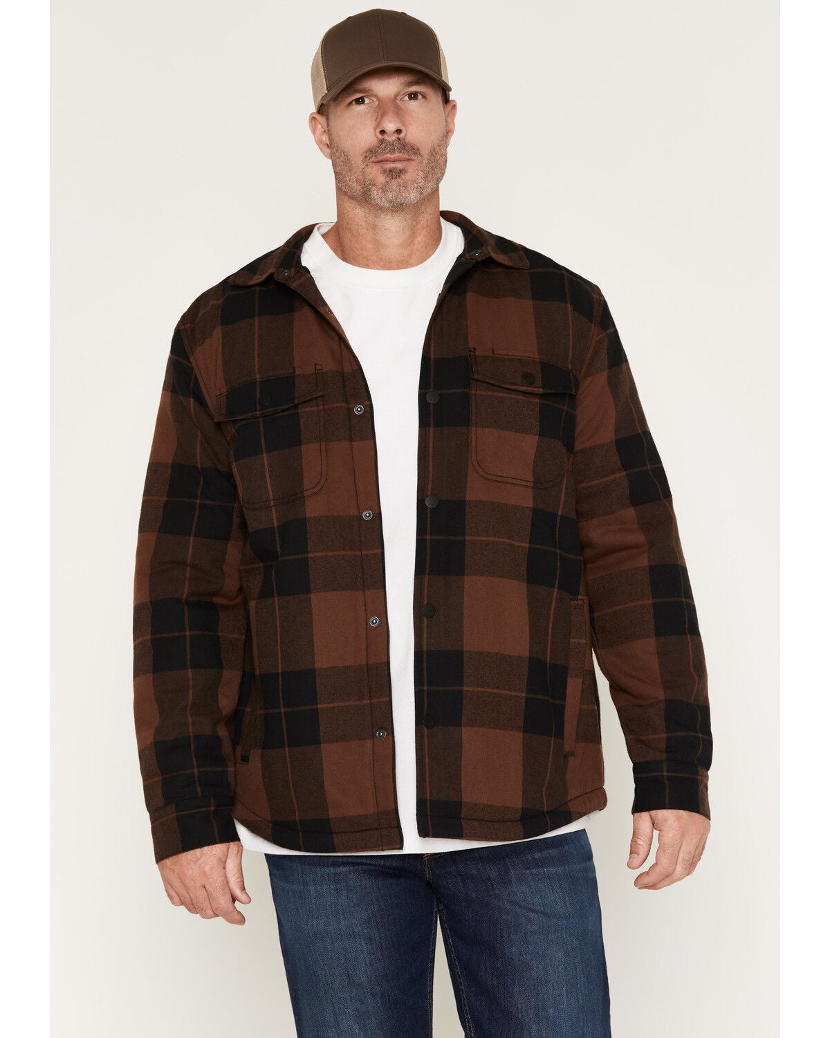 Hawx Men's Bull Plaid Print Sherpa Lined Shirt Jacket, Brown, hi-res