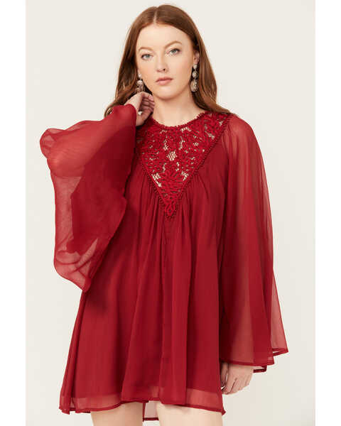 Free People Women's Sunshine of Love Mini Long Sleeve Dress, Red, hi-res