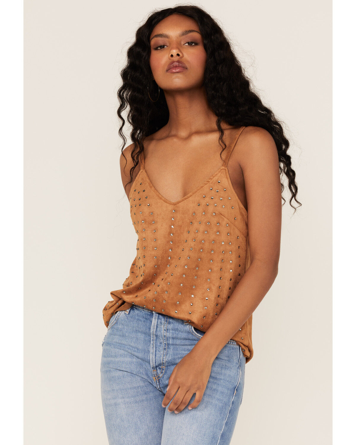Image #1 - Vocal Women's Studded Faux Suede Cami Top, Camel, hi-res