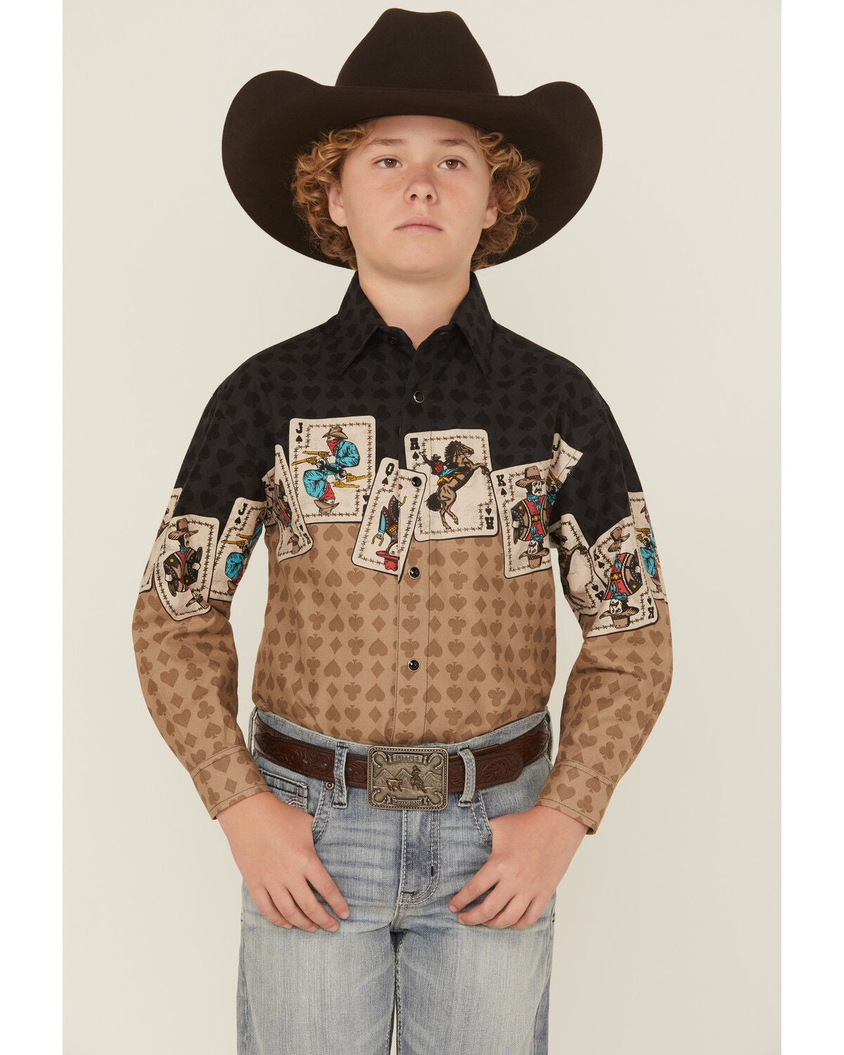 Panhandle Slim Boys' Cards Border Long Sleeve Snap Western Shirt, Tan, hi-res