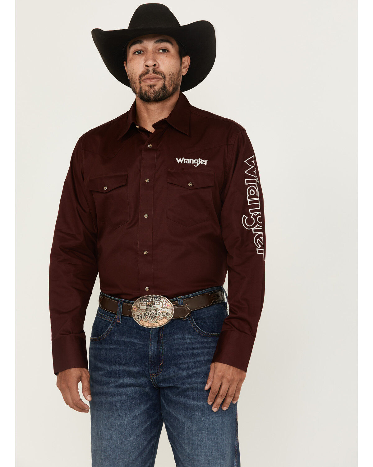 Image #1 - Wrangler Men's Logo Solid Long Sleeve Snap Western Shirt, Wine, hi-res