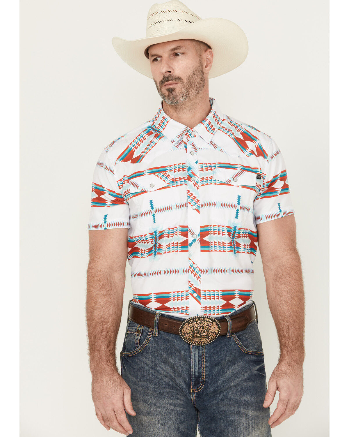 Image #1 - Rock & Roll Denim Men's Tek Southwestern Striped Short Sleeve Pearl Snap Western Shirt, White, hi-res