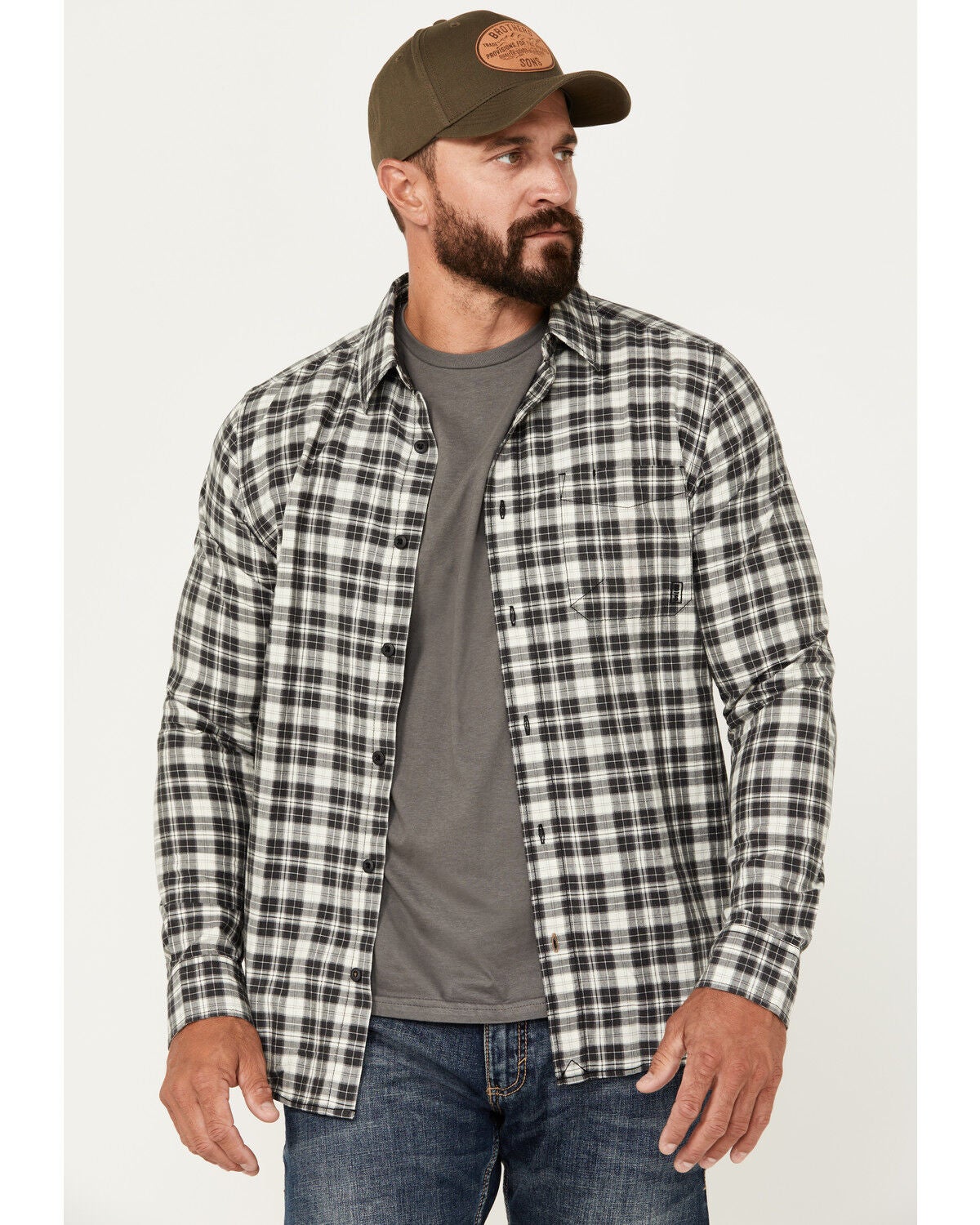 Brothers and Sons Men's Custer Herringbone Long Sleeve Button-Down Shirt, Charcoal, hi-res
