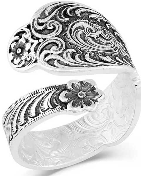 Montana Silversmiths Women's Heirloom Treasure Spoon Floral Open Ring, Silver, hi-res