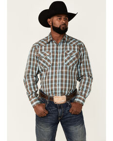 Rodeo Clothing Men's Brown & Blue Plaid Long Sleeve Snap Western Shirt  , Brown, hi-res