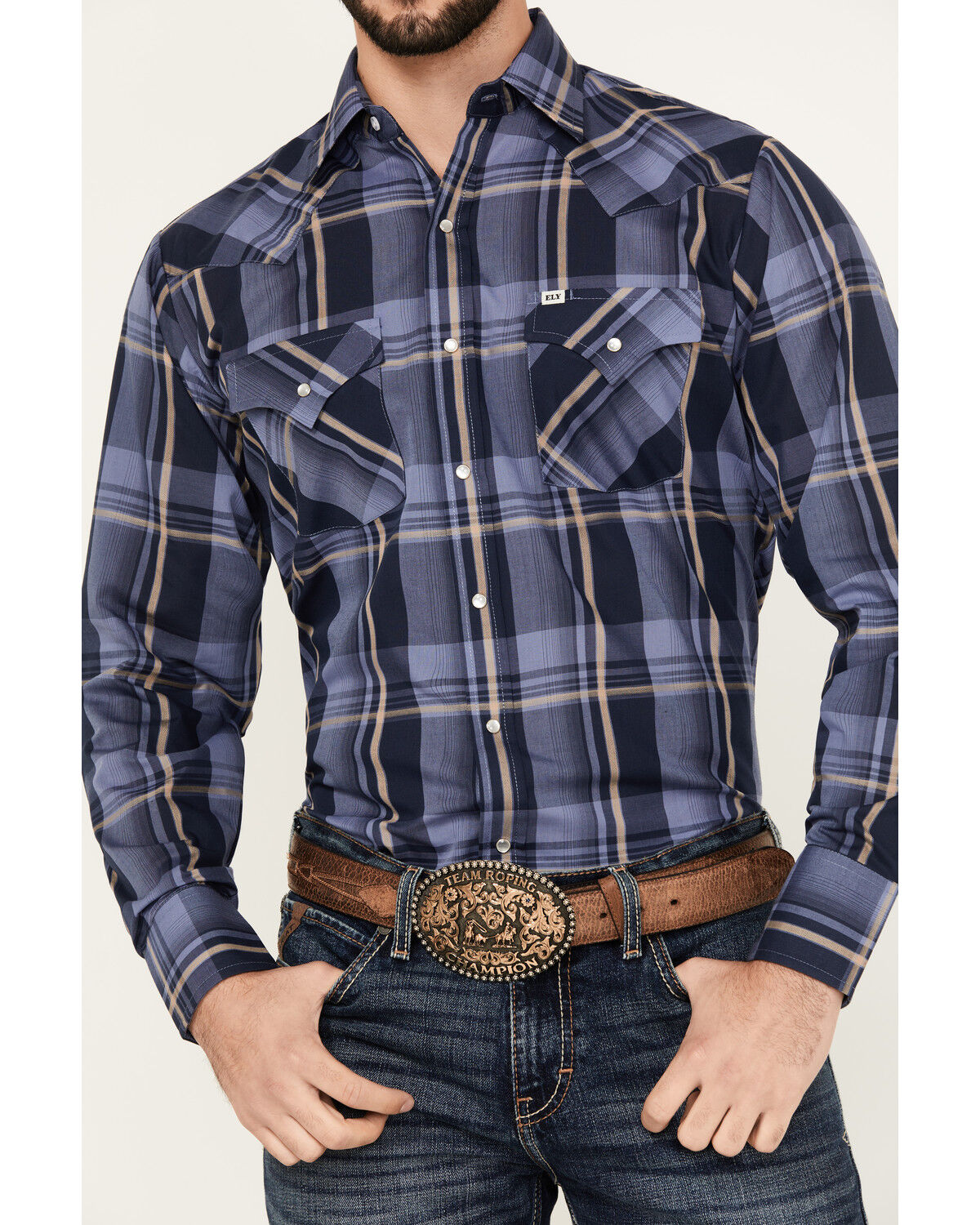 Image #3 - Ely Walker Men's Plaid Print Long Sleeve Snap Western Shirt, Blue, hi-res