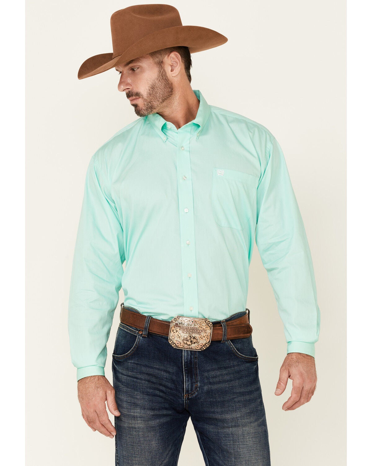 C&zwnj;inch Men's Solid Long Sleeve Button-Down Western Shirt, Green, hi-res