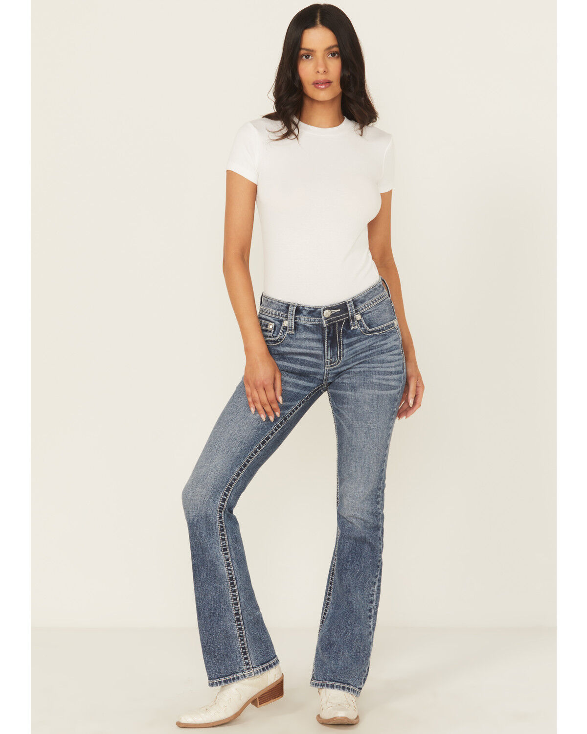 Image #3 - Miss Me Women's Medium Wash Mid Rise Bootcut Floral Pocket Stretch Denim Jeans, Medium Wash, hi-res