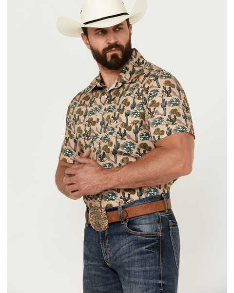 Image #3 - Rock & Roll Denim Men's Cactus Print Stretch Short Sleeve Snap Western Shirt, Tan, hi-res