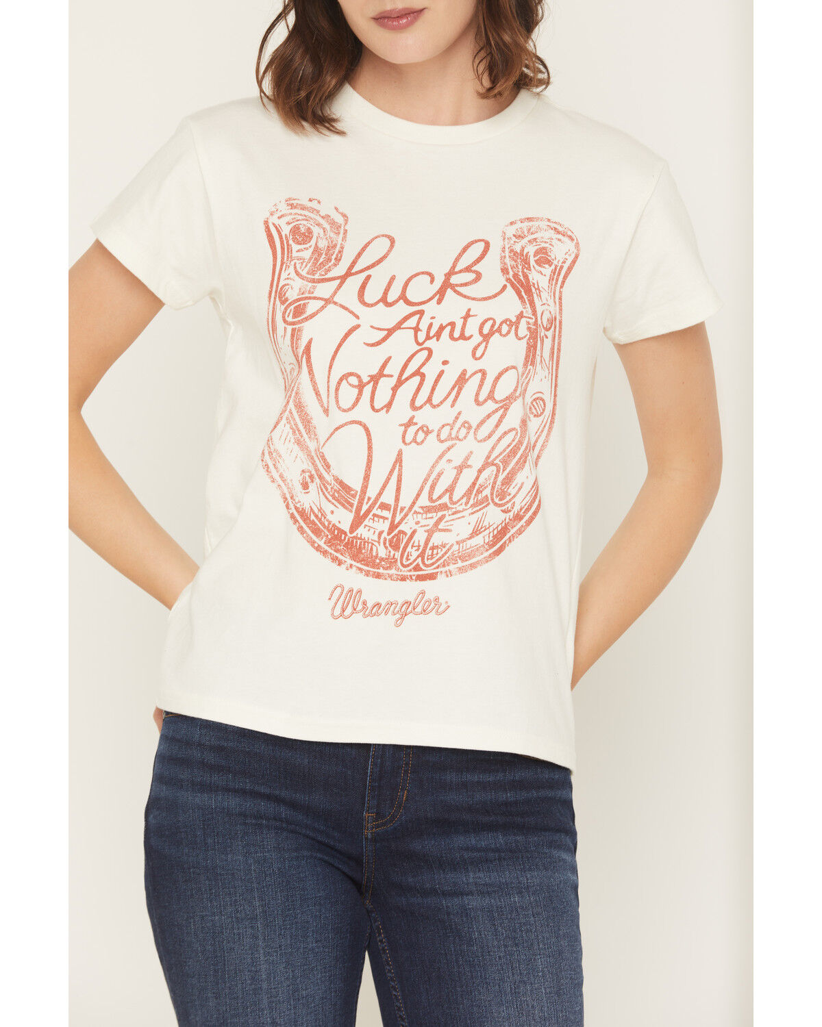 Image #3 - Wrangler Women's Luck Ain't Got Noting To Do With It Short Sleeve Graphic Tee, White, hi-res