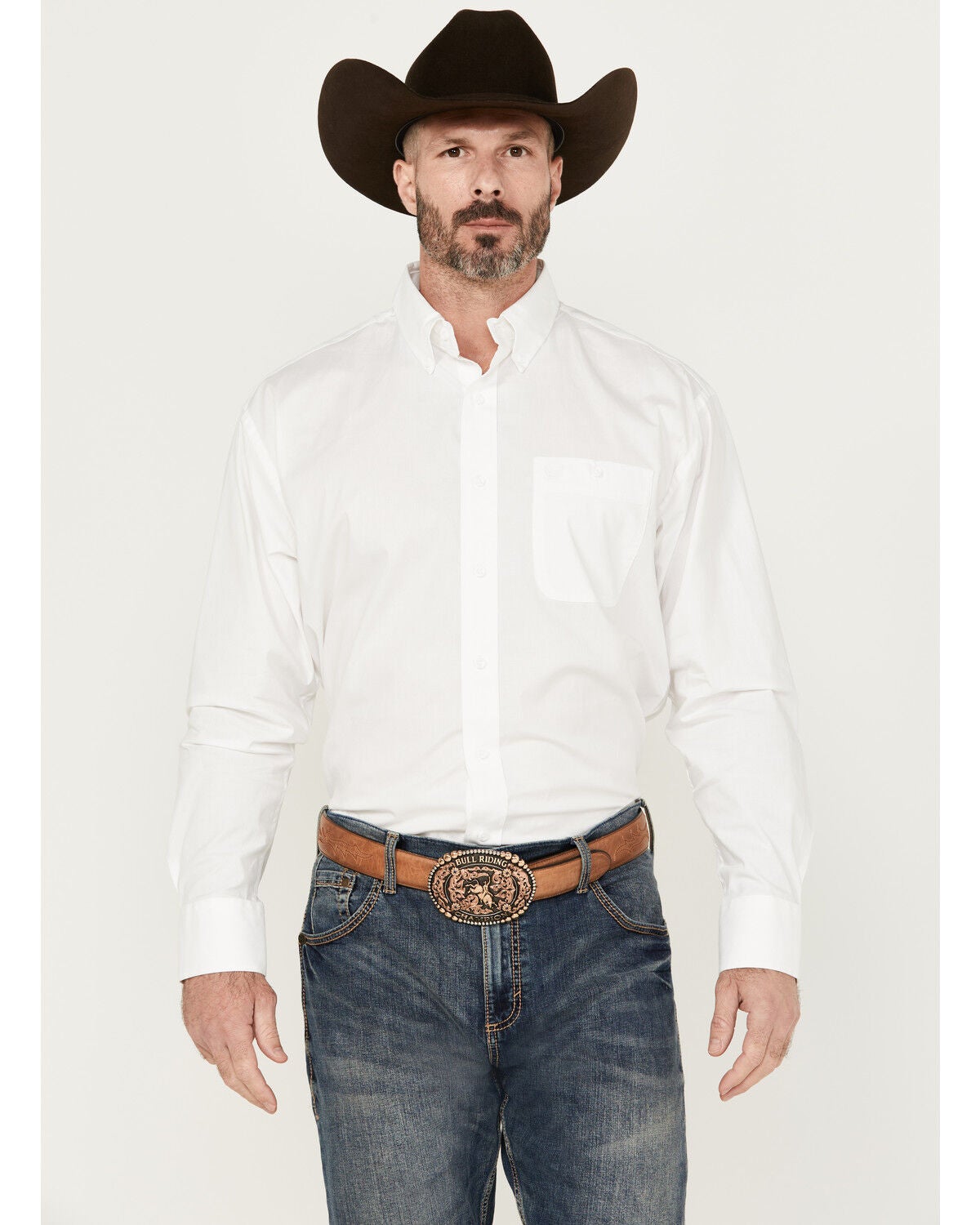 George Strait by Wrangler Men's Long Sleeve Button-Down Stretch Western Shirt, White, hi-res