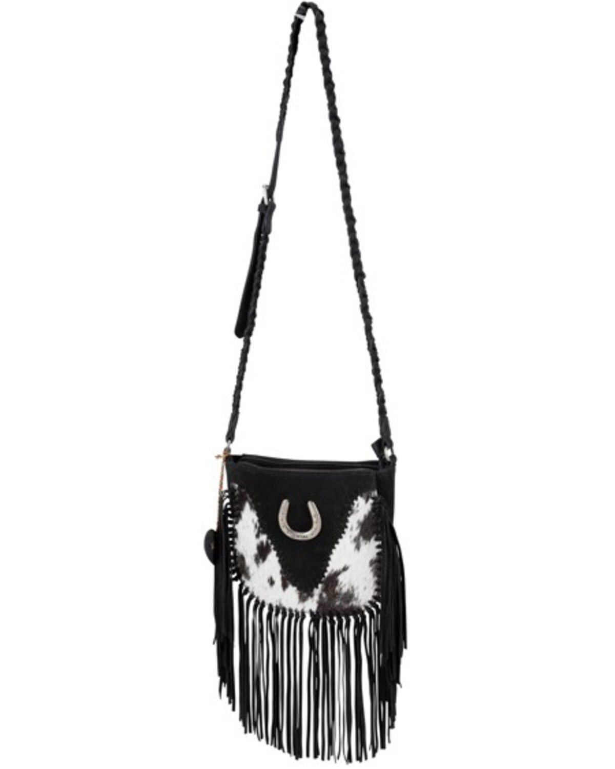 Myra Bag Women's Mustang's Luck Leather and Hair-On Shoulder Bag, Black/white, hi-res