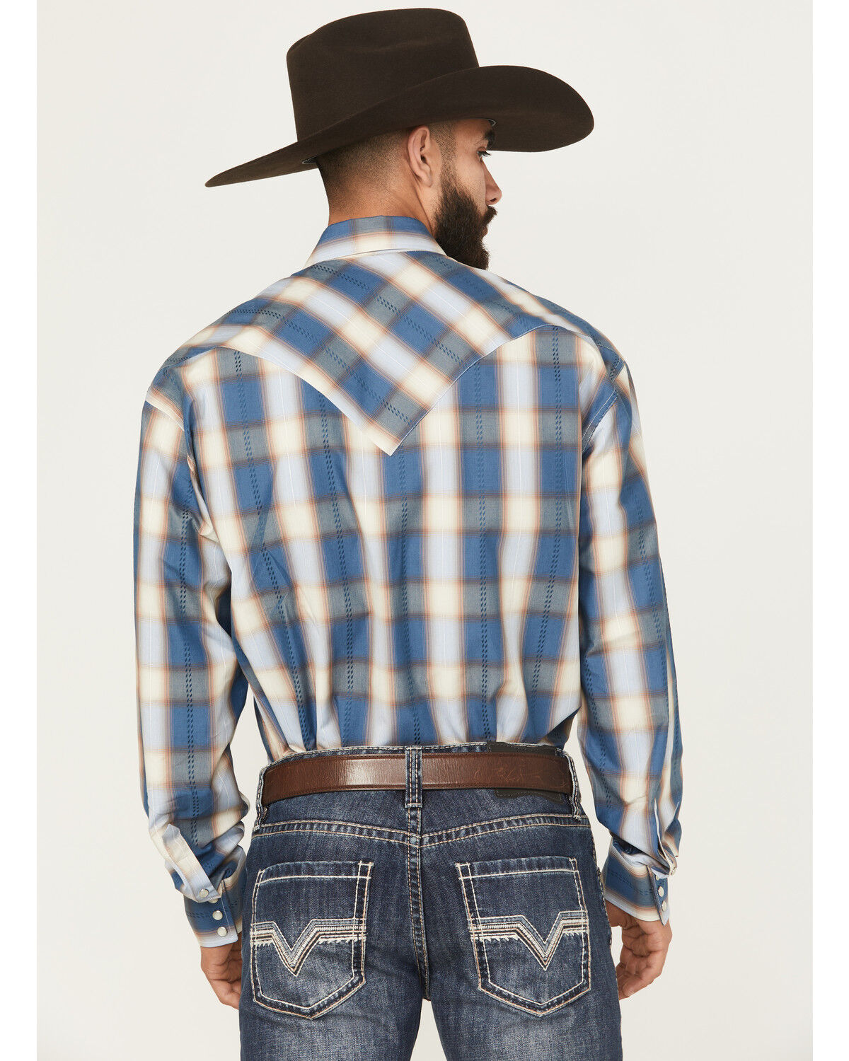 Image #4 - Stetson Men's Dobby Plaid Print Long Sleeve Western Shirt, Blue, hi-res