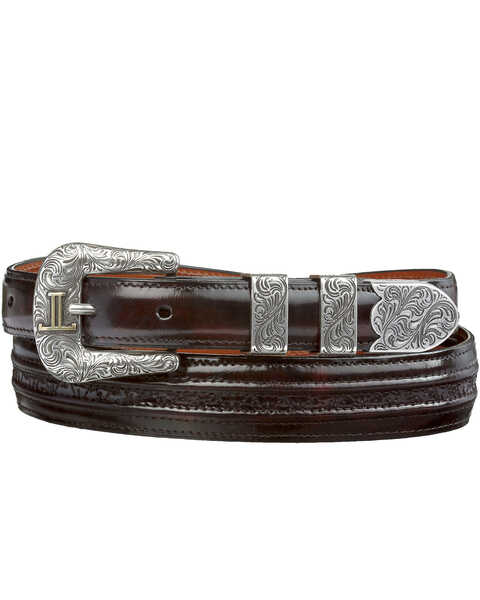 Image #1 - Lucchese Men's Black Cherry Goat With Hobby Stitch Leather Belt, Black Cherry, hi-res