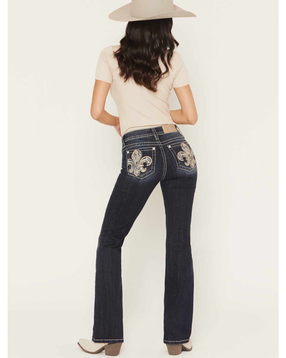 Miss Me Women's Medium Wash Mid Rise Fleur de Lis Pocket 30" Bootcut Stretch Denim Jeans, Medium Wash, hi-res