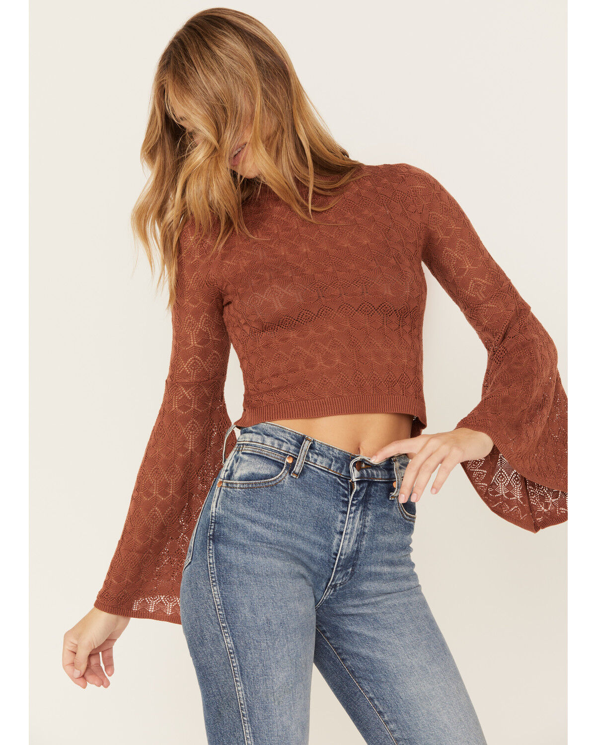 Image #1 - Shyanne Women's Crochet Lace Bell Sleeve Sweater, Brown, hi-res