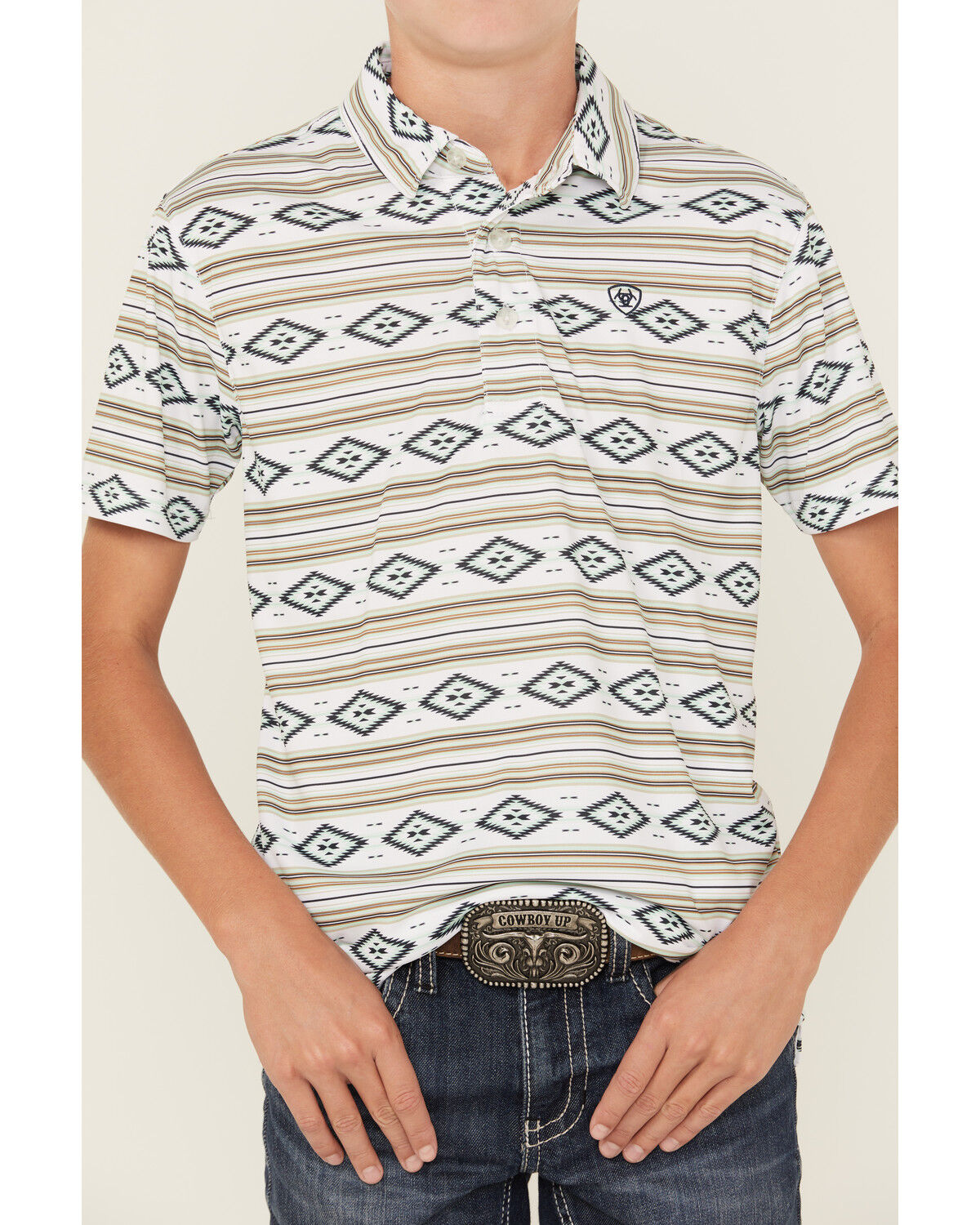 Image #3 - Ariat Boys' Southwestern Print Short Sleeve Button-Down Polo Shirt, Tan, hi-res