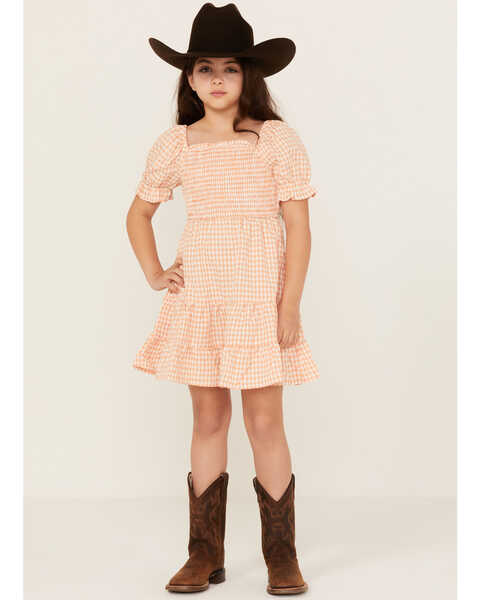 Image #1 - Hayden LA Girls' Gingham Print Puff Sleeve Dress, Peach, hi-res