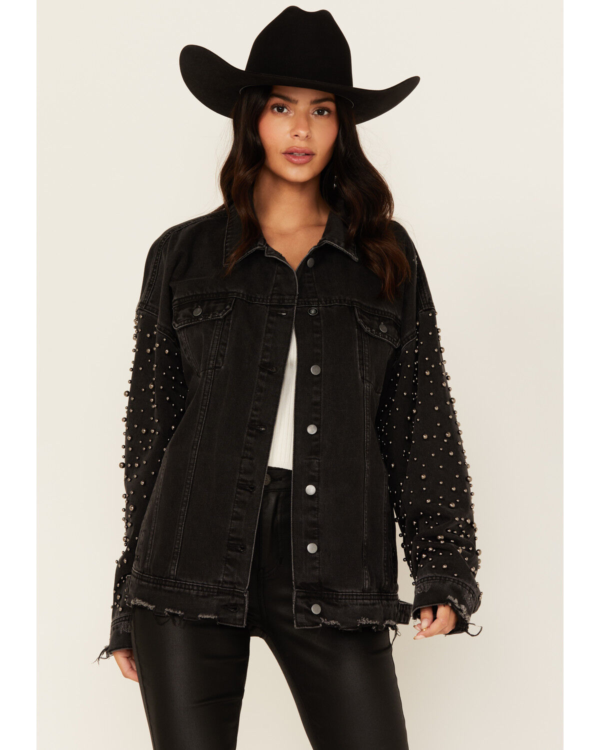 Image #1 - Rock & Roll Denim Women's Distressed Pearl Studded Sleeve Denim Jacket, Black, hi-res