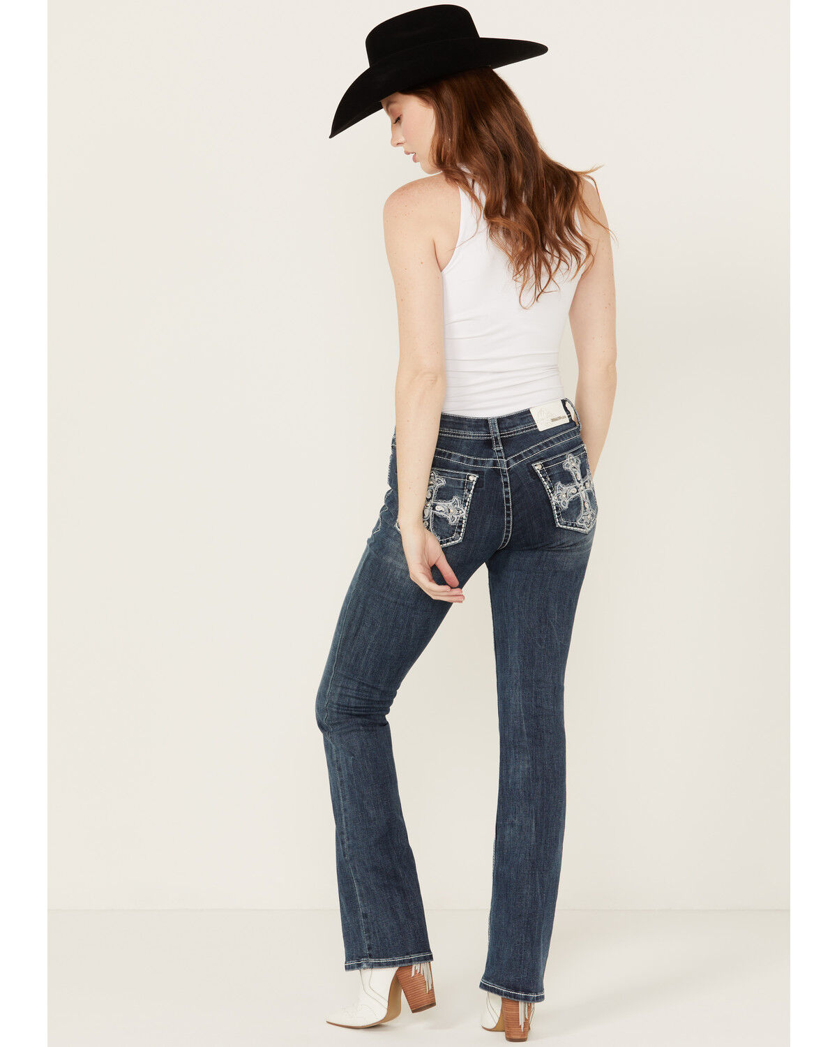 Image #1 - Grace In LA Women's Medium Wash Paisley Cross Pocket Bootcut Stretch Denim Jeans, Medium Wash, hi-res