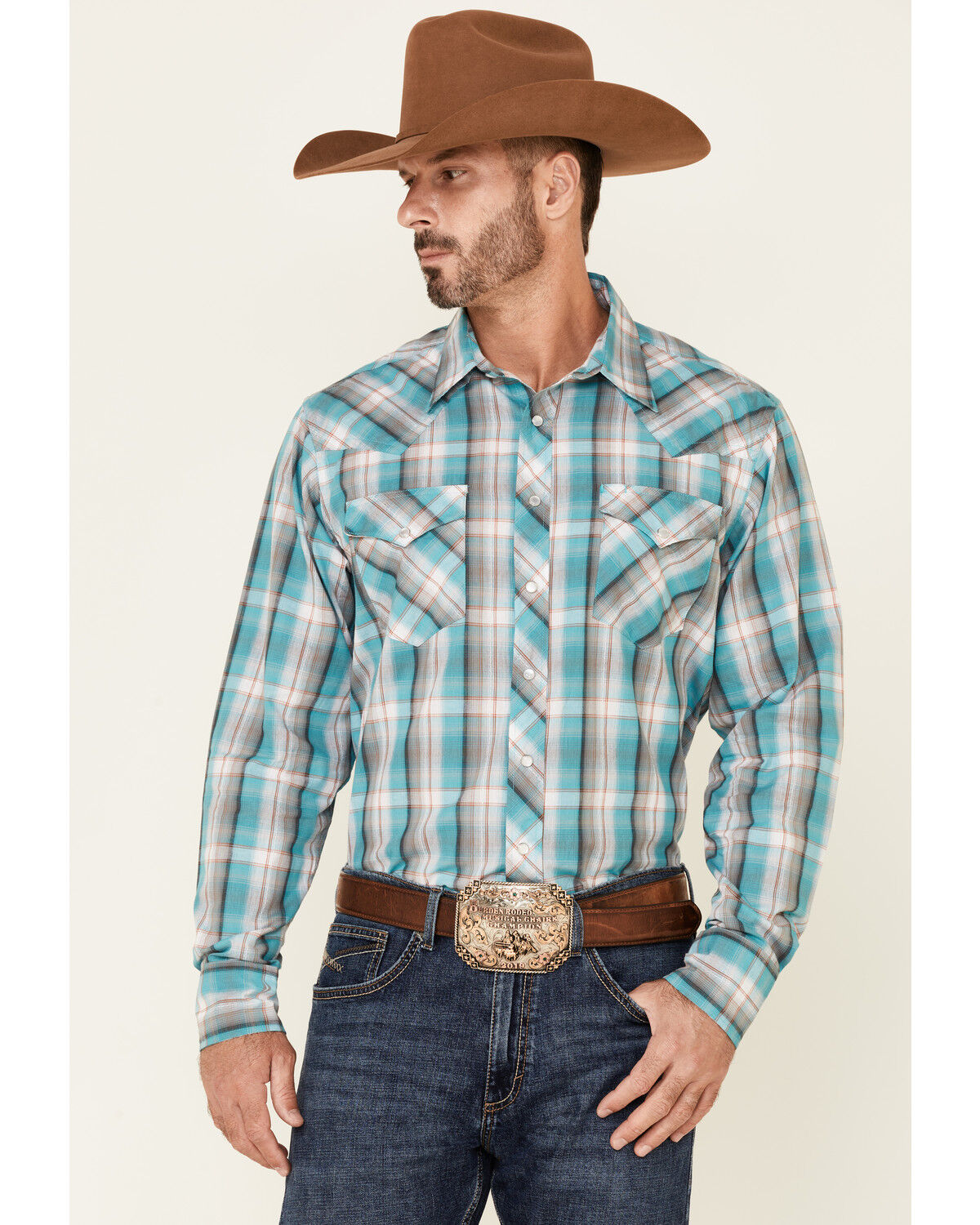 Image #1 - Roper Men's Juniper Dobby Large Plaid Long Sleeve Pearl Snap Western Shirt, Blue, hi-res