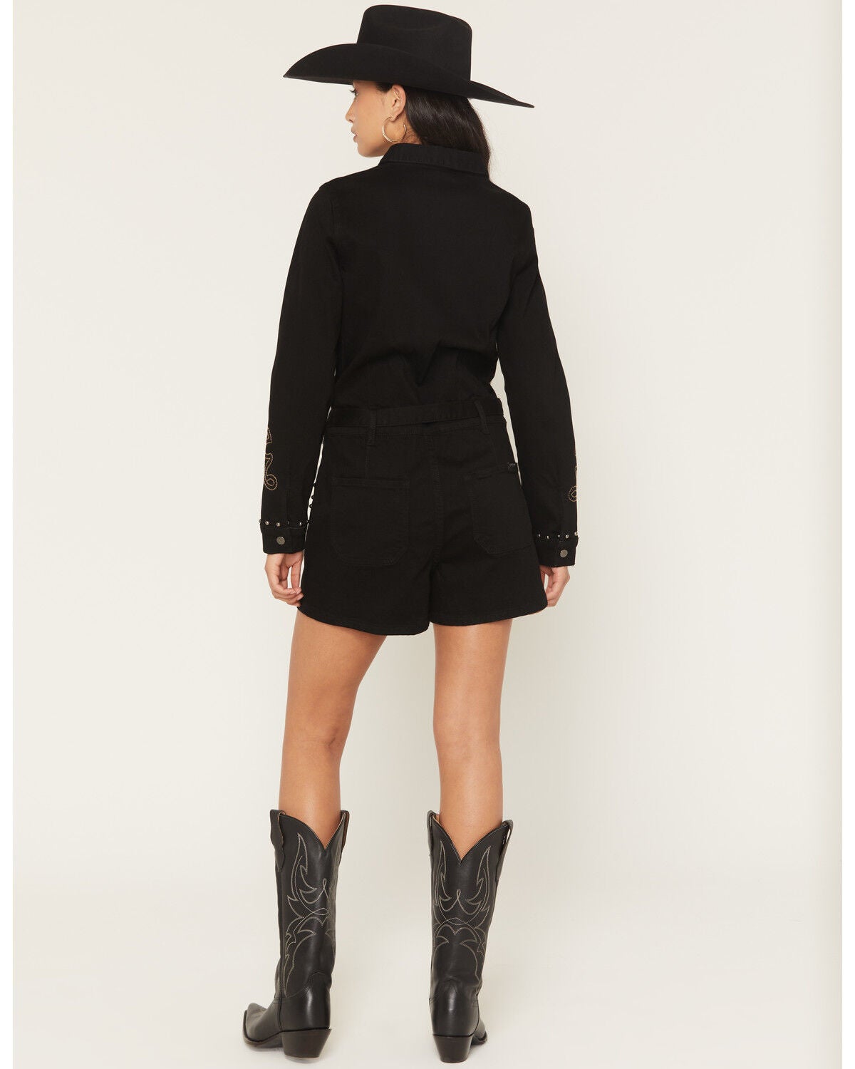 Image #4 - Rock & Roll Denim Women's Western Embroidered Long Sleeve Snap Romper, Black, hi-res