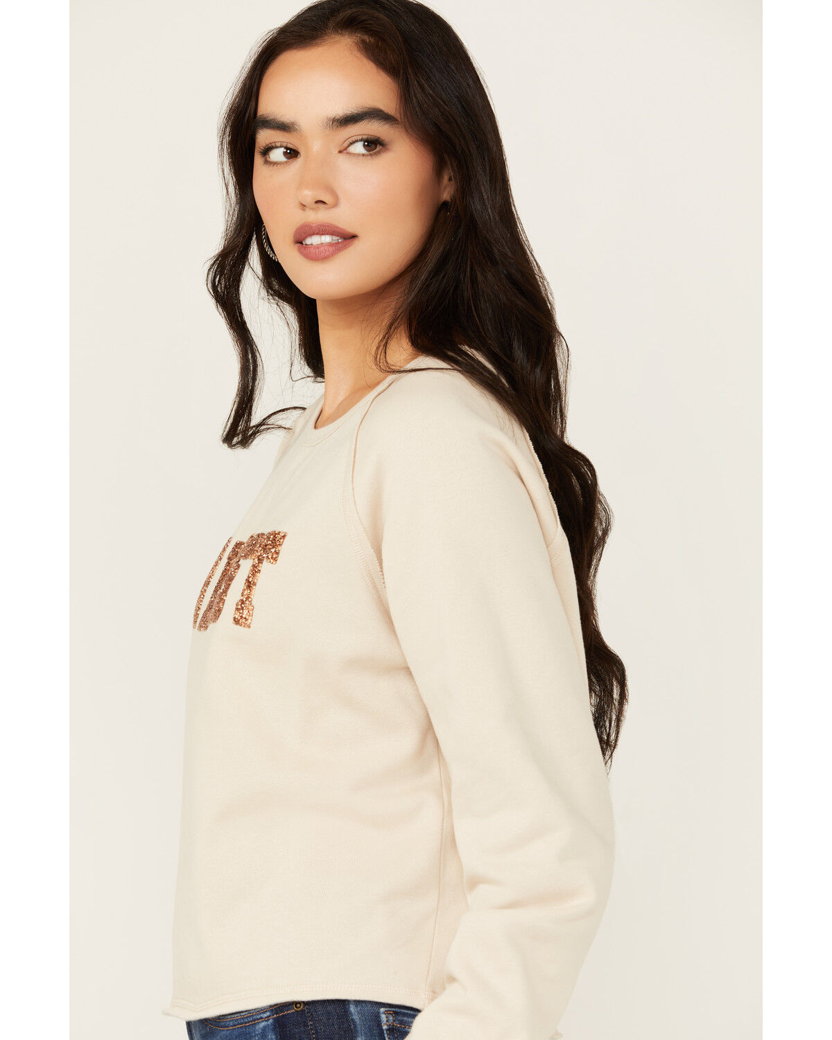 Image #2 - Blended Women's Go West Sequins Graphic Long Sleeve Tee, Tan, hi-res