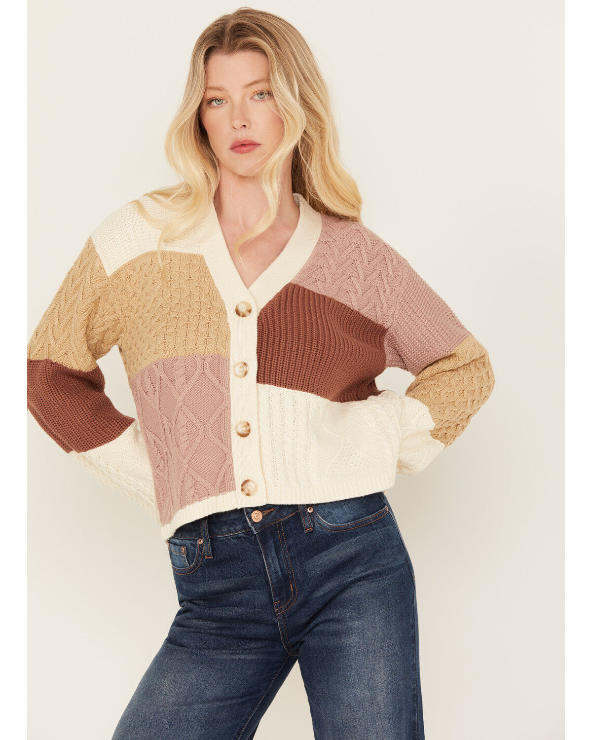 Image #1 - Cleo + Wolf Women's Color Block Cardigan, Cream, hi-res
