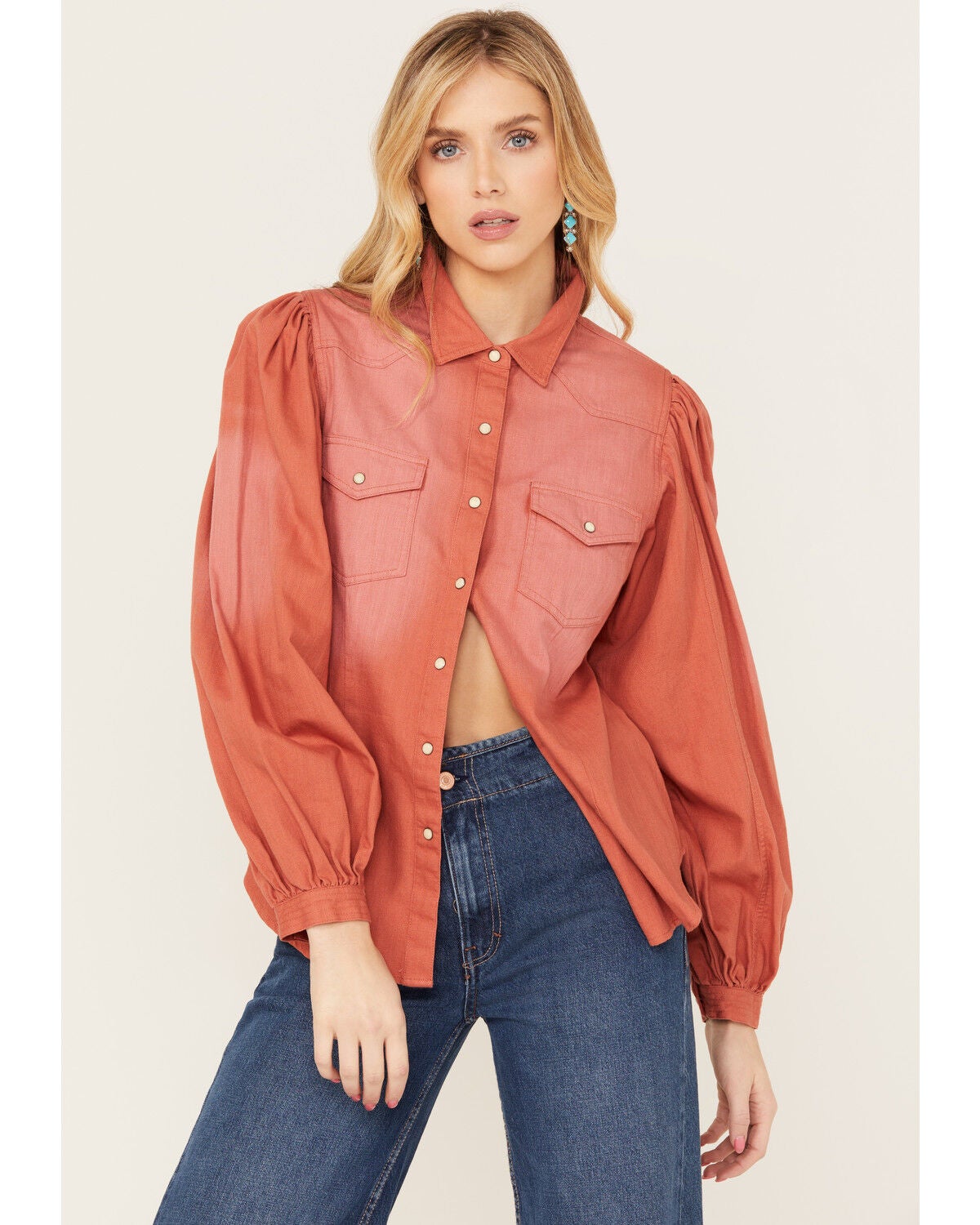 Panhandle Women's Ombre Puff Long Sleeve Snap Western Shirt, Coral, hi-res