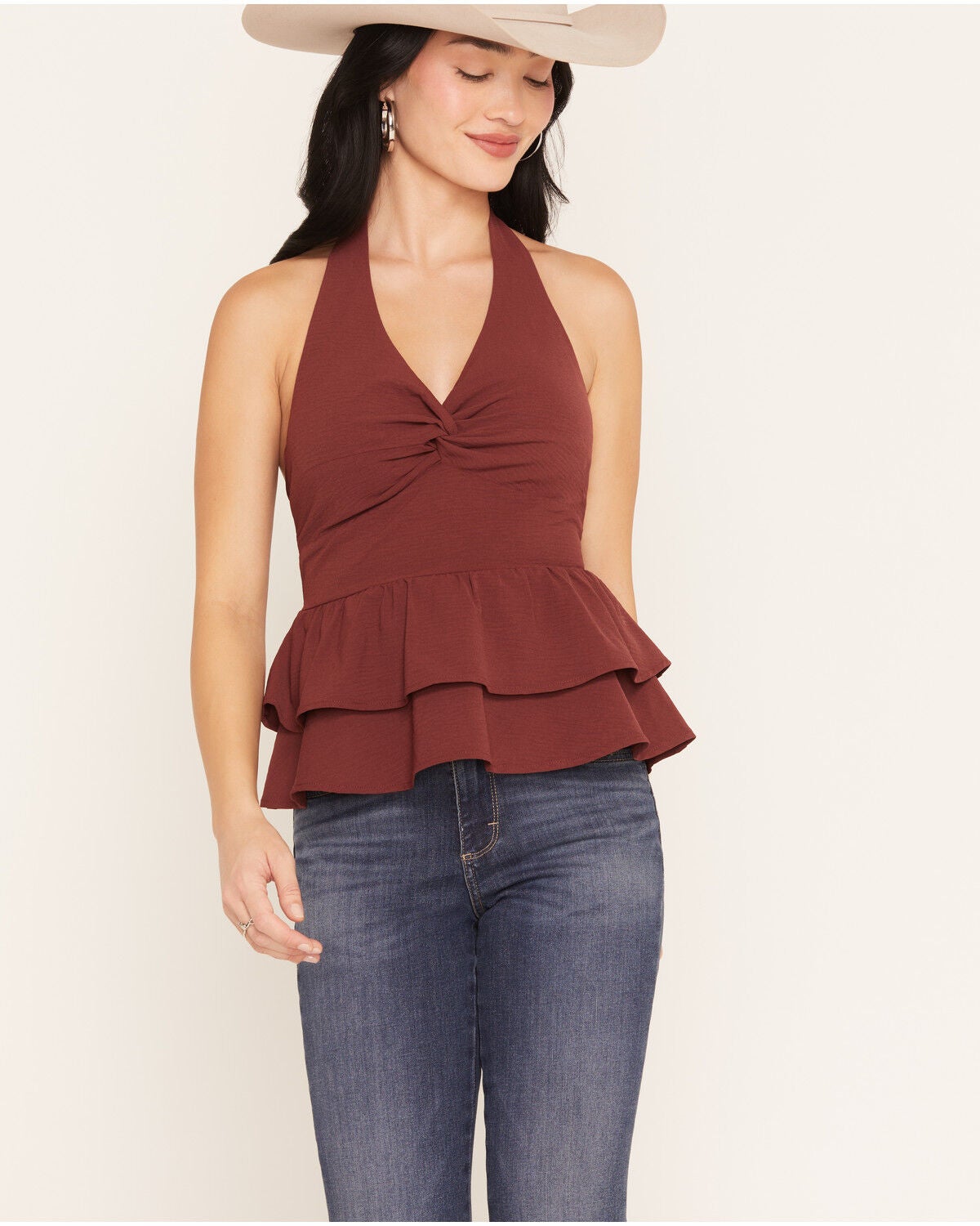 Originality Women's Sleeveless Front Twist Halter Top, Wine, hi-res