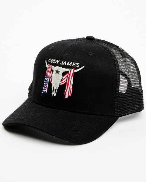 Image #1 - Cody James Men's Embroidered Steer Head American Flag Ball Cap, Black, hi-res
