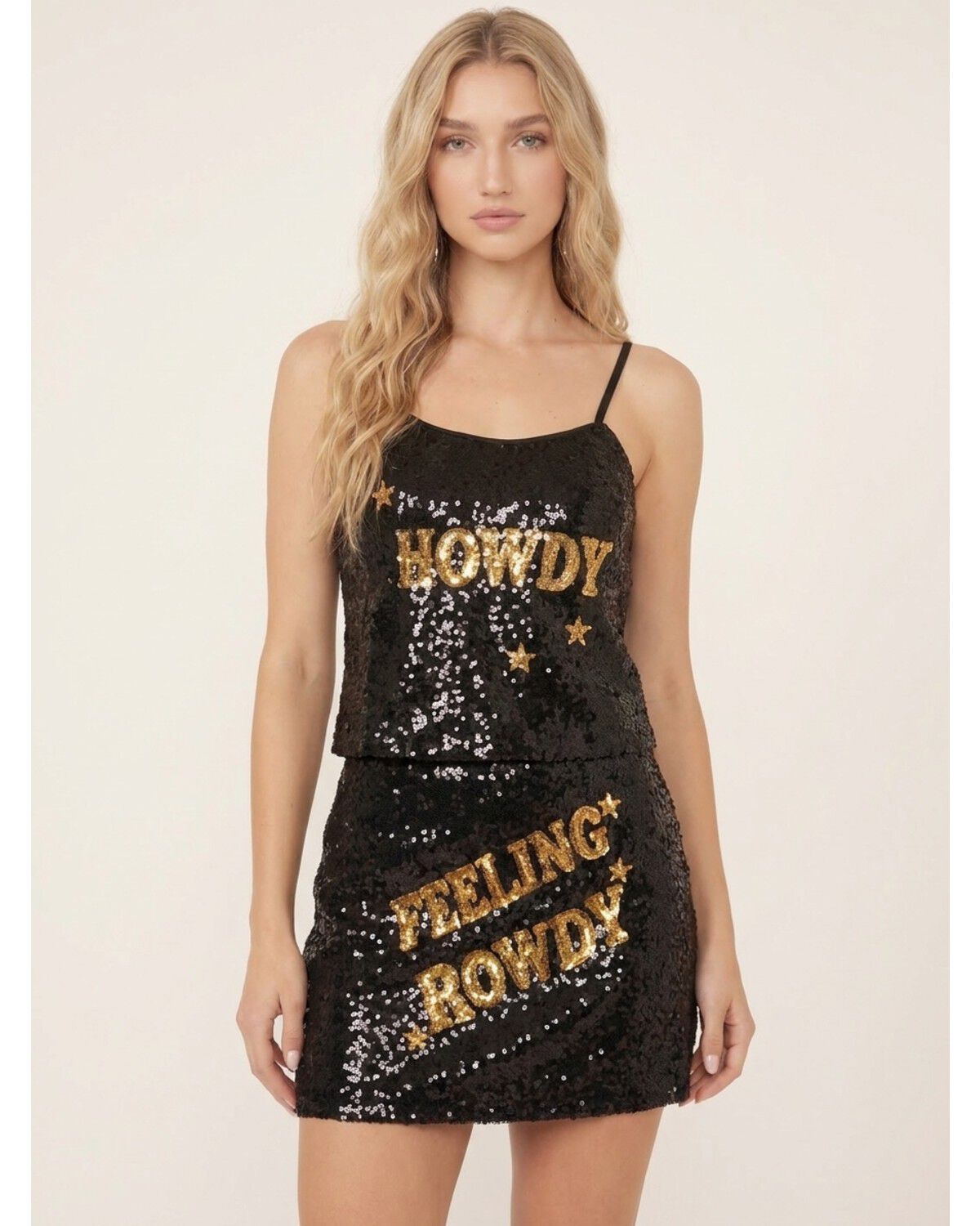 Image #1 - Wonderwest Women's Howdy Sequins Tank, Black, hi-res