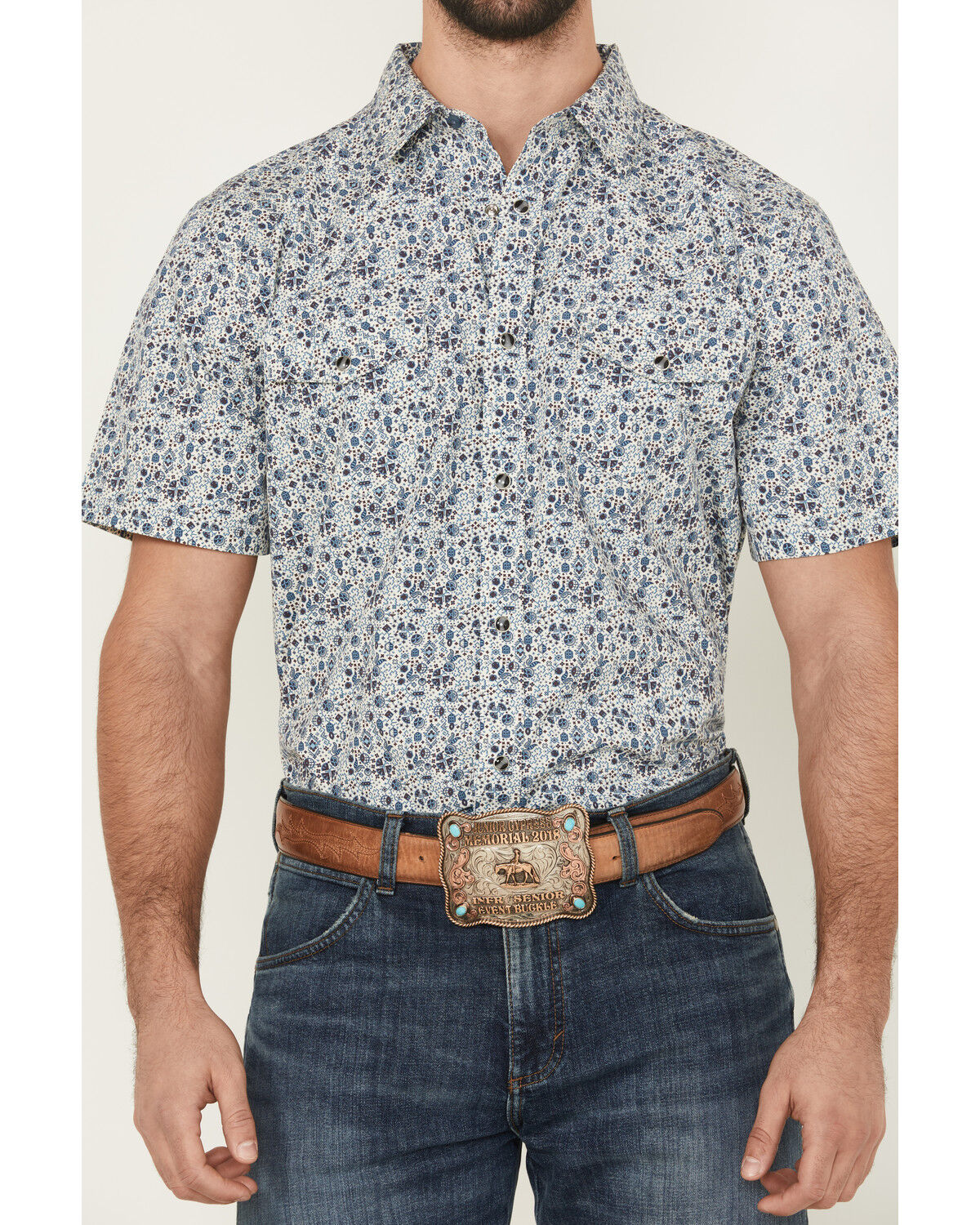 Image #3 - Gibson Trading Co Men's Fan Favorite Floral Print Short Sleeve Snap Western Shirt, Ivory, hi-res