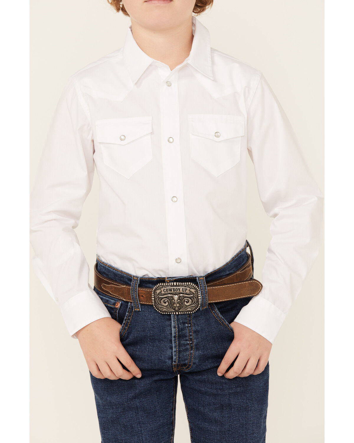 Image #3 - Gibson Trading Co Boys' Solid Long Sleeve Pearl Snap Western Shirt, White, hi-res