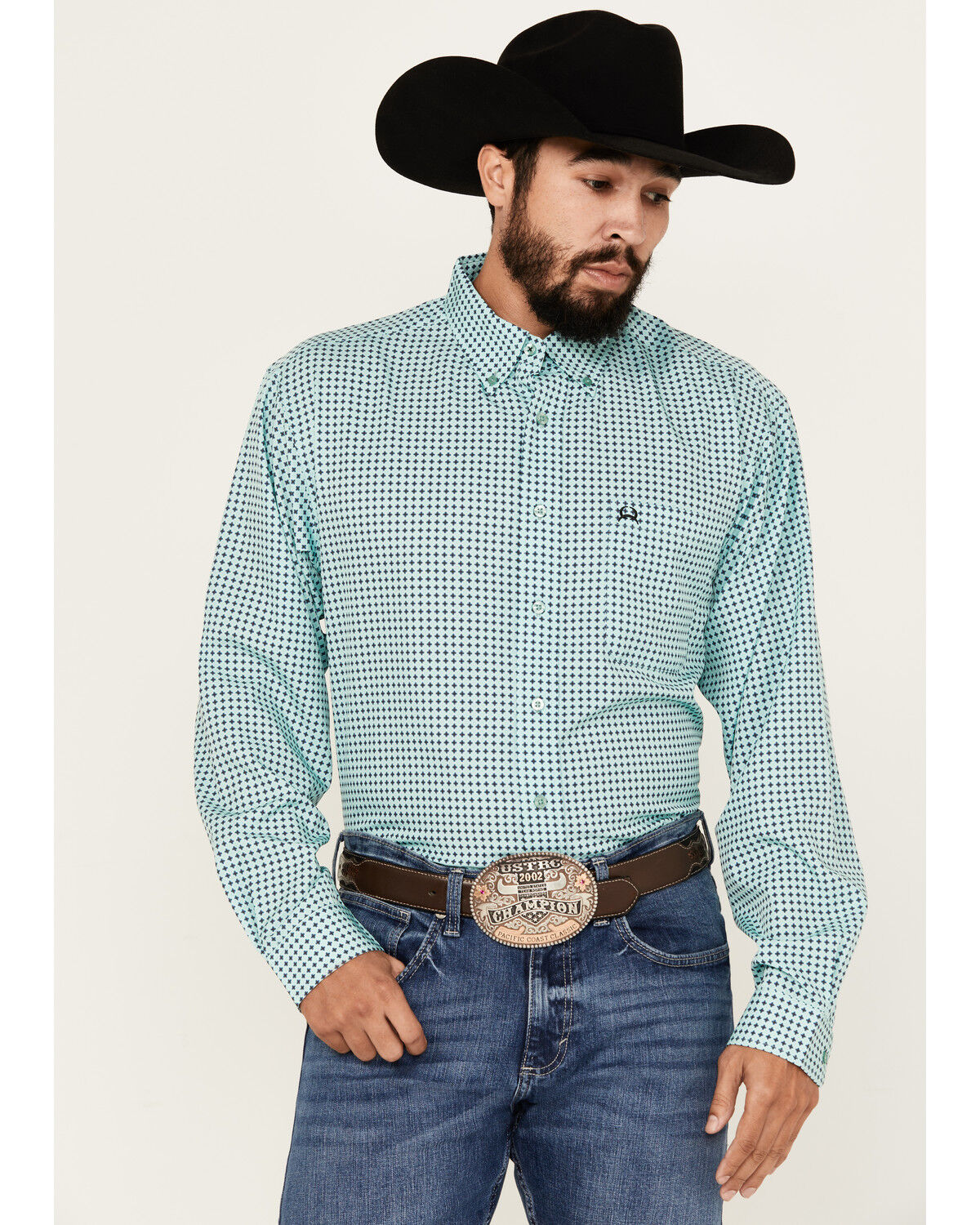 Image #1 - Cinch Men's ARENAFLEX® Geo Print Long Sleeve Button-Down Performance Stretch Western Shirt, Turquoise, hi-res