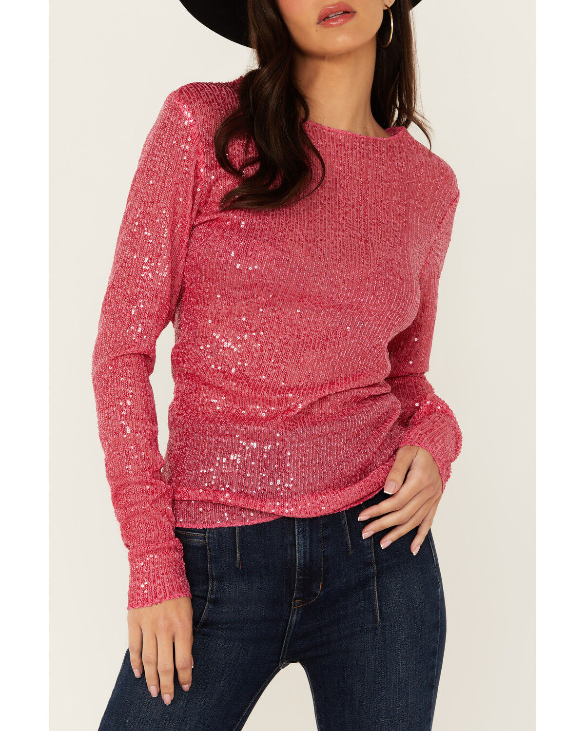 Image #3 - Free People Women's Sequins Gold Rush Long Sleeve Top, Hot Pink, hi-res