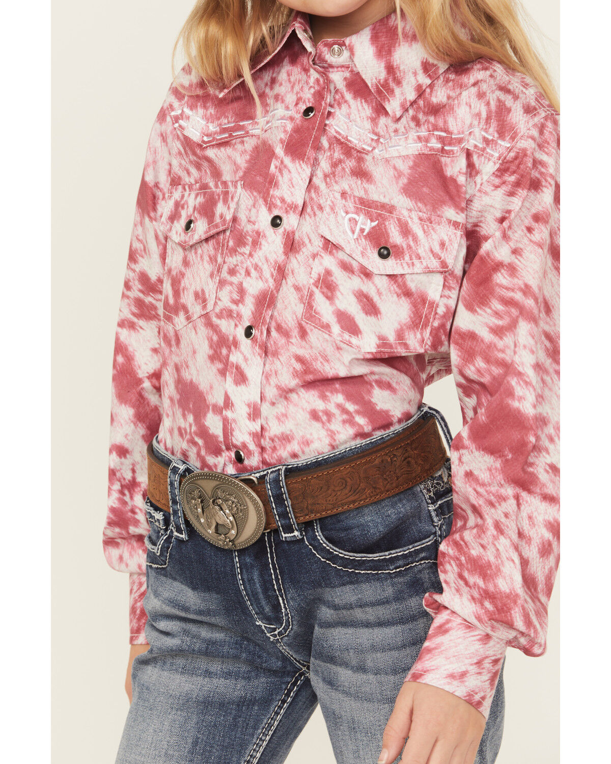 Image #3 - Cowgirl Hardware Girls' Cowhide Print Long Sleeve Snap Stretch Western Shirt, Pink, hi-res