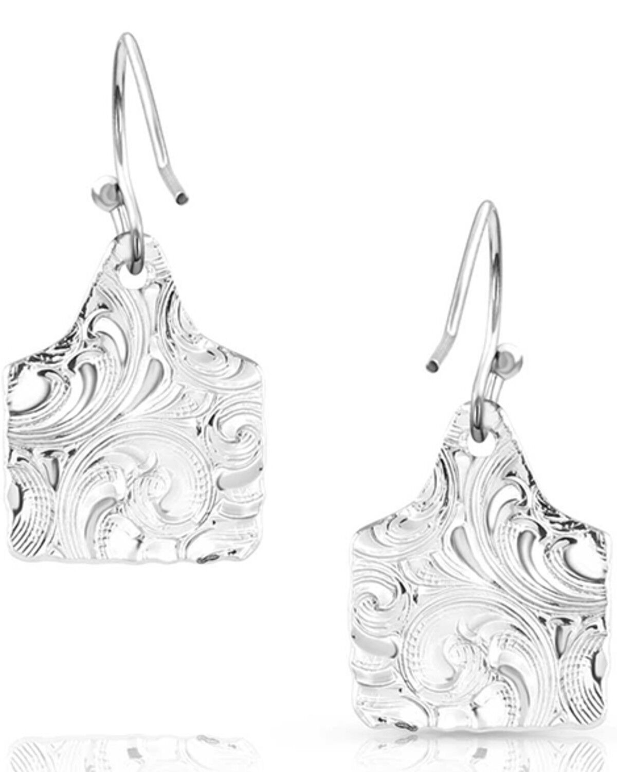 Image #2 - Montana Silversmiths Women's Chiseled Cow Tag earrings, Silver, hi-res