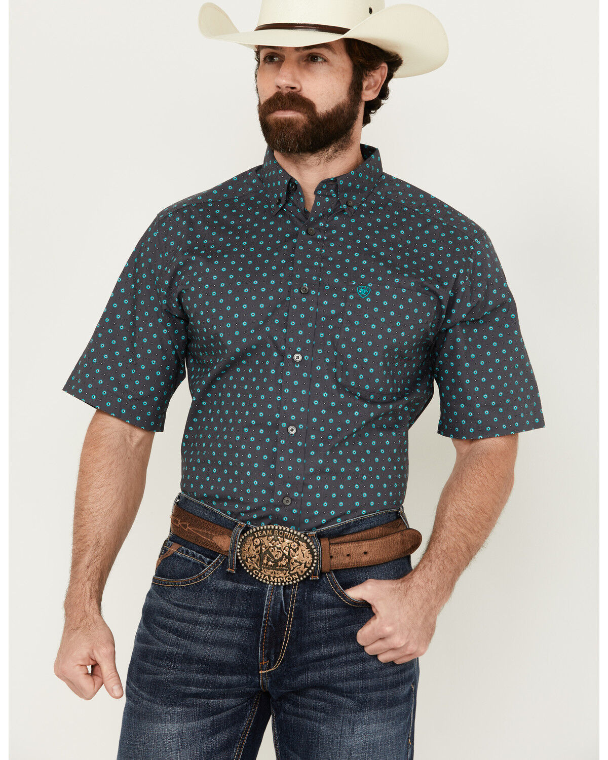 Image #2 - Ariat Men's Johnnie Geo Print Short Sleeve Button-Down Western Shirt, Navy, hi-res