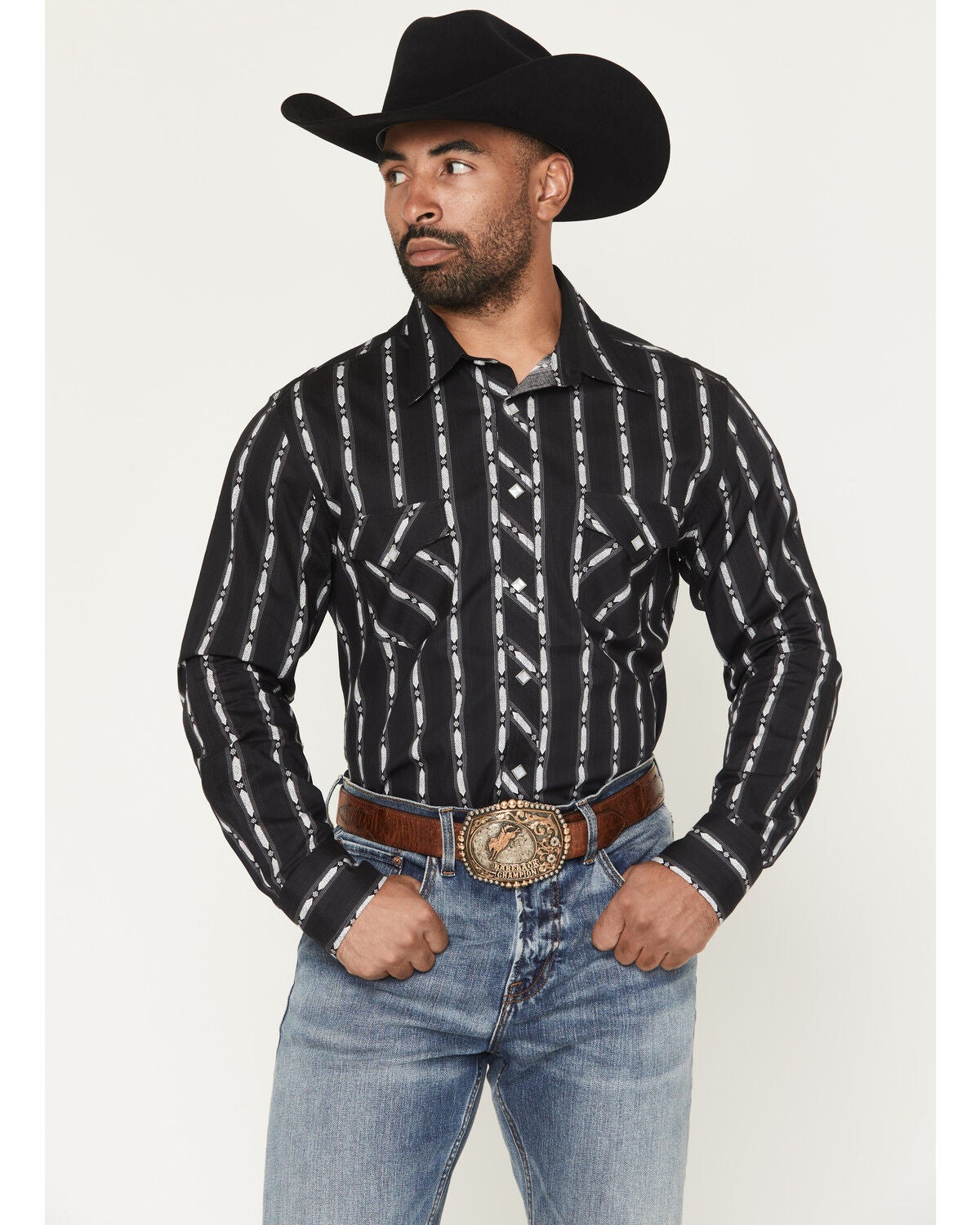 Image #1 - Rock & Roll Denim Men's Striped Print Long Sleeve Snap Stretch Western Shirt, Black, hi-res