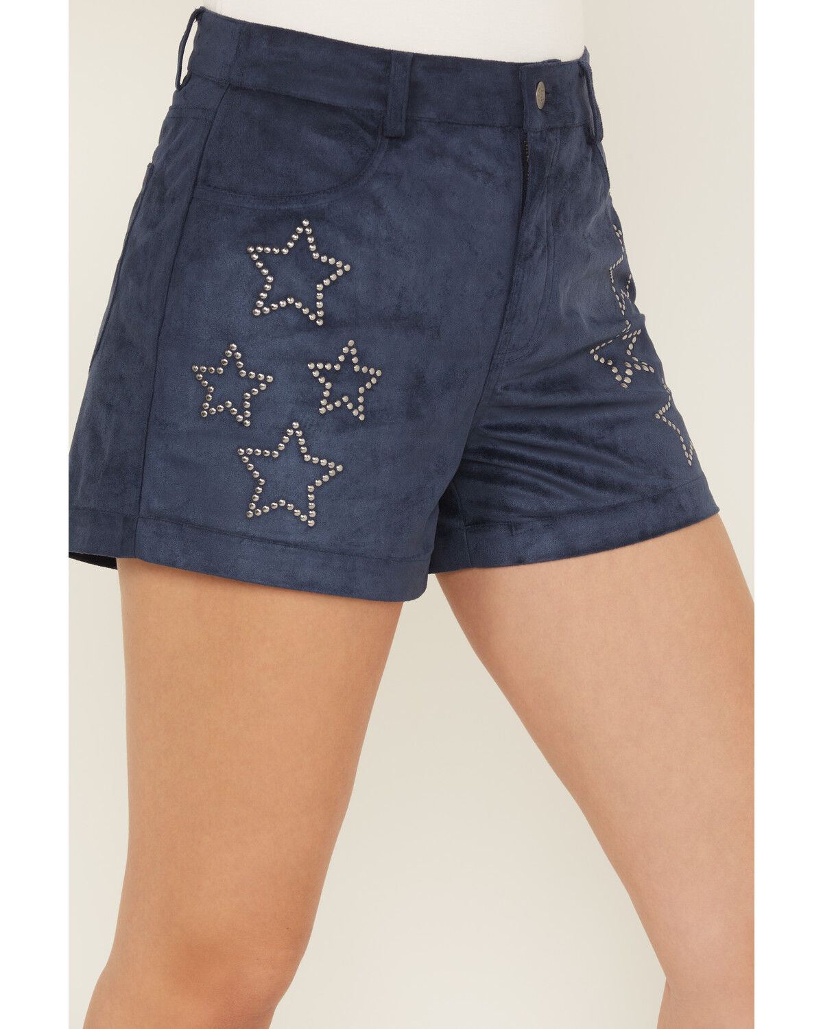 Image #2 - Rock & Roll Denim Women's High Rise Star Studded Microsuede Shorts, Navy, hi-res