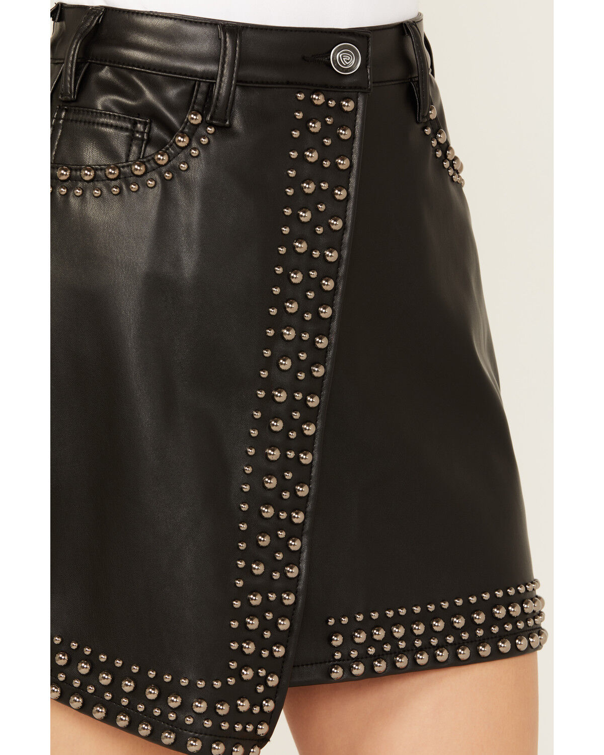 Image #2 - Rock & Roll Denim Women's Faux Leather Studded Mini Skirt, Black, hi-res