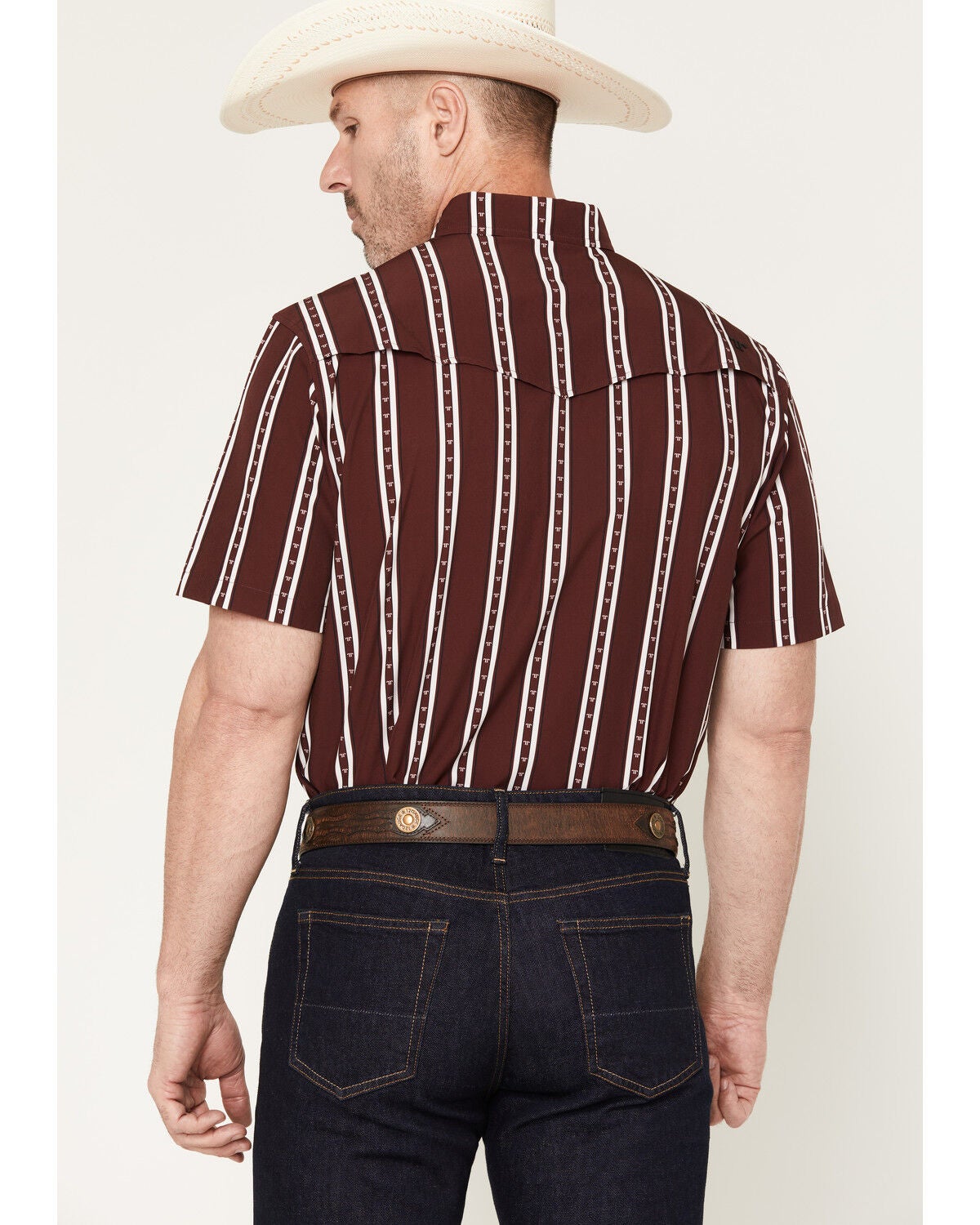 Image #4 - Ferrell Men's Tucker Tek Striped Short Sleeve Pearl Snap Stretch Western Shirt, Burgundy, hi-res